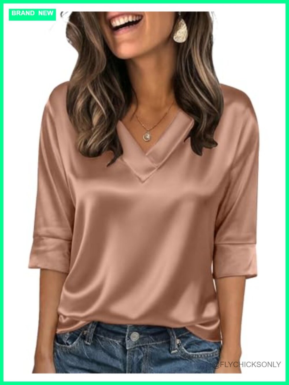Women's Silk Satin 3/4 Sleeve V Neck Blouse Dressy Casual Business Top